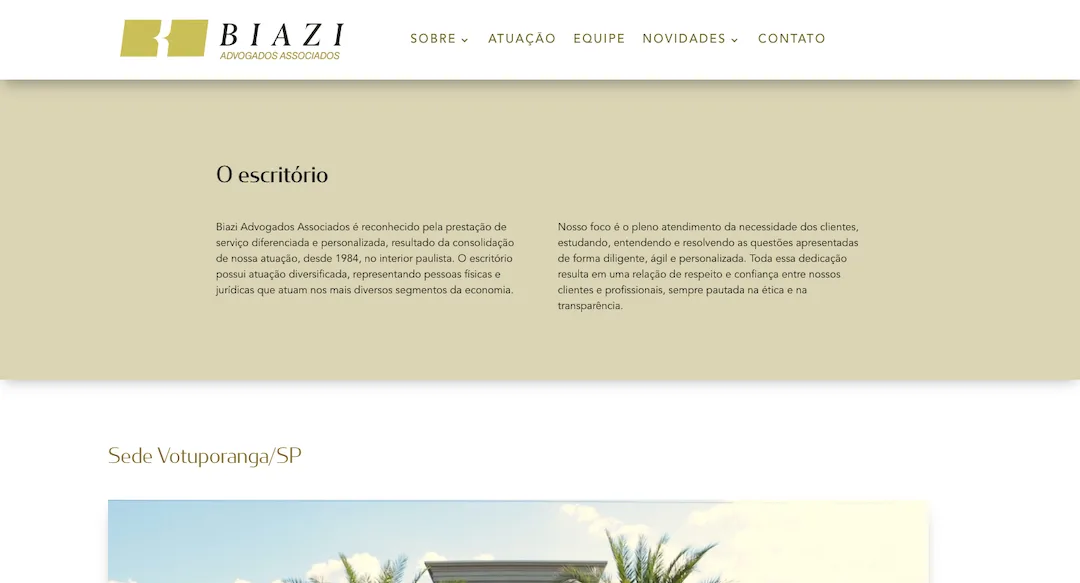 Imagem mostra a página "Sobre" do site do escritório Biazi Advogados Associados.