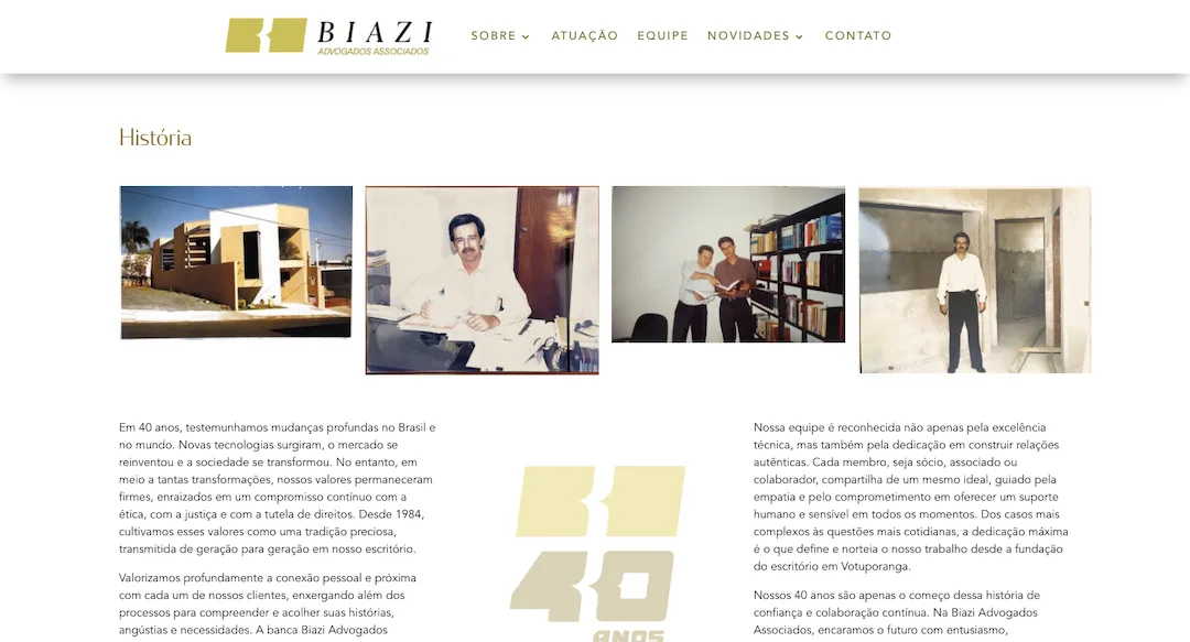 Imagem mostra parte da seção "História" do site do escritório Biazi Advogados Associados.
