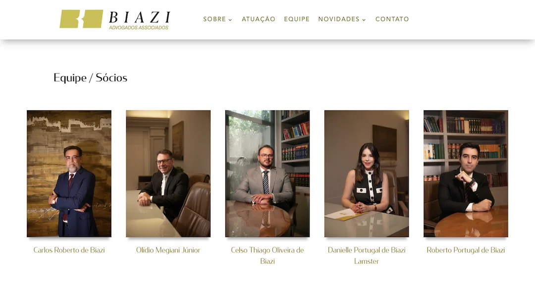 Imagem mostra a página "Equipe/ Sócios" do site do escritório Biazi Advogados Associados.
