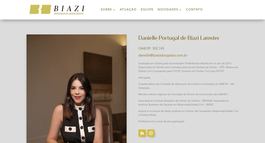 Imagem mostra parte da página "Equipe/ Sócios" do site do escritório Biazi Advogados Associados.