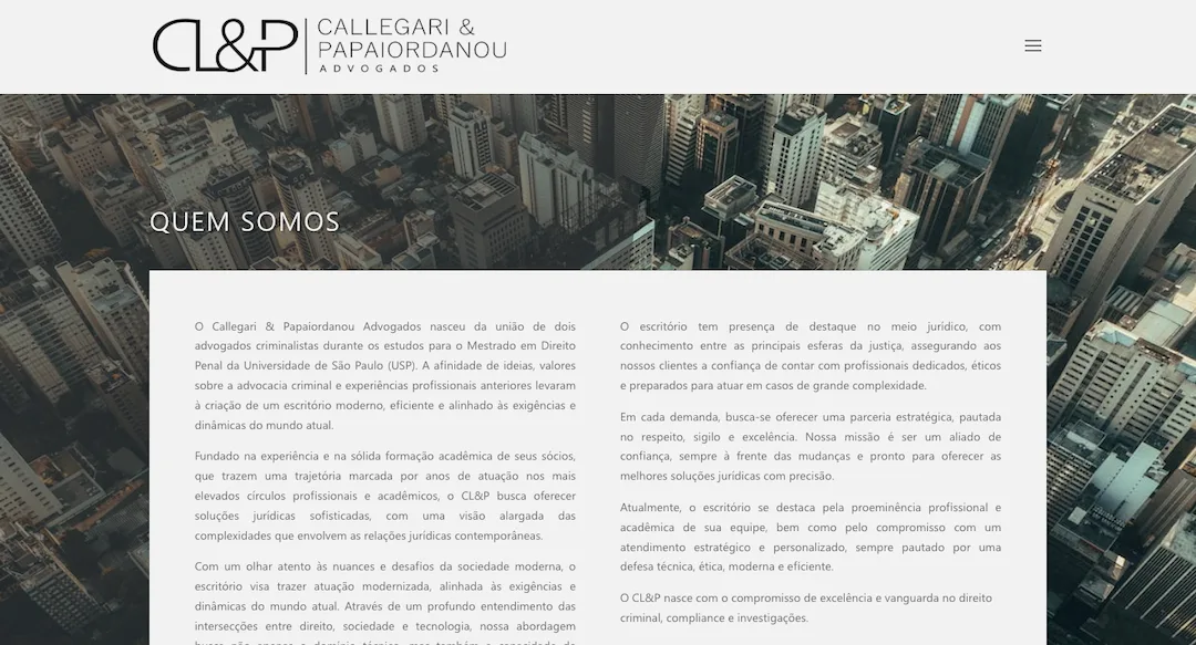Imagem mostra a página "Quem somos" do site do escritório Callegari & Papaiordanou Advogados.