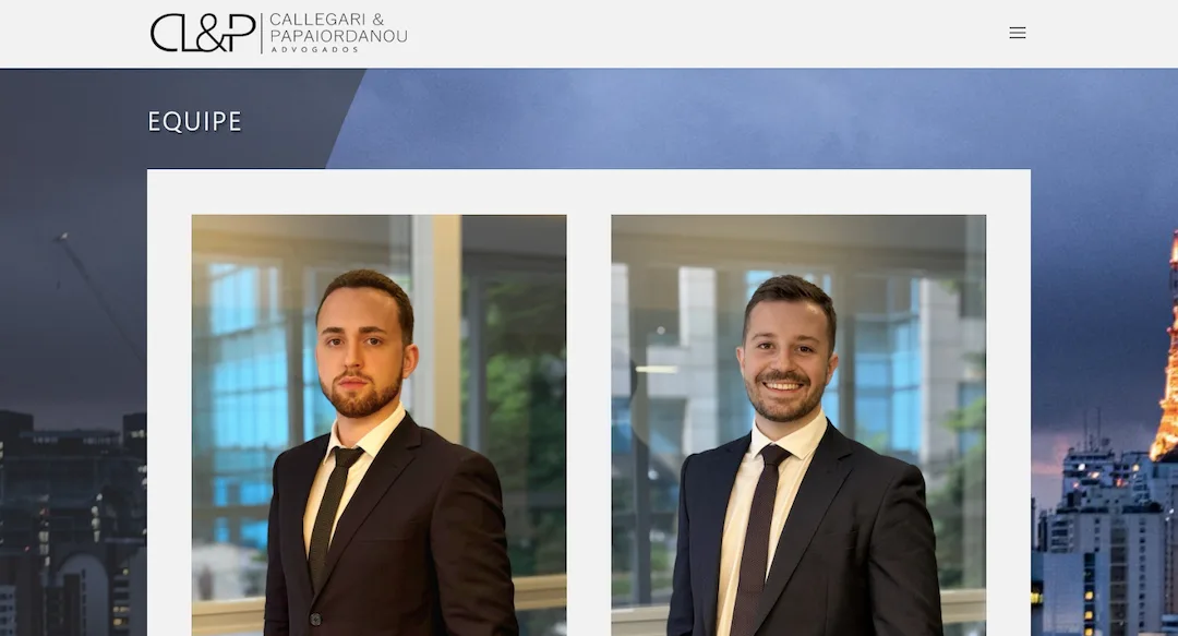 Imagem mostra a página "Equipe" do site do escritório Callegari & Papaiordanou Advogados.