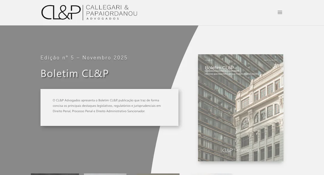 Imagem mostra a página "Boletim" do site do escritório Callegari & Papaiordanou Advogados.