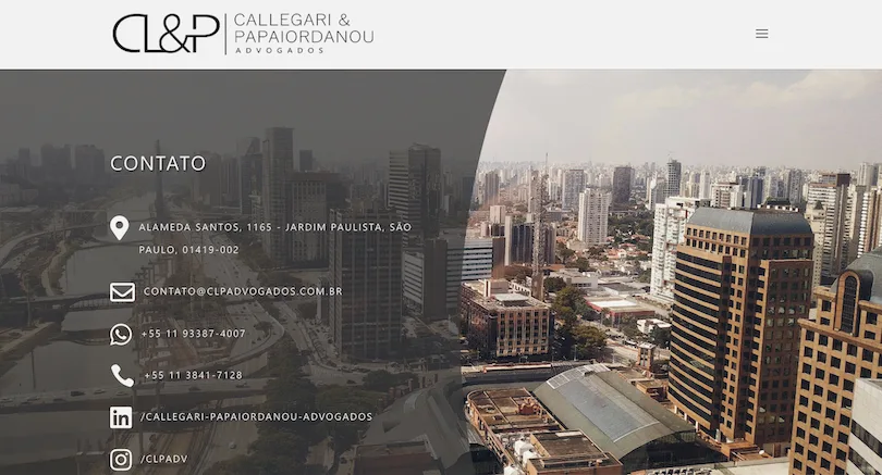 Imagem mostra a página "Contato" do site do escritório Callegari & Papaiordanou Advogados.