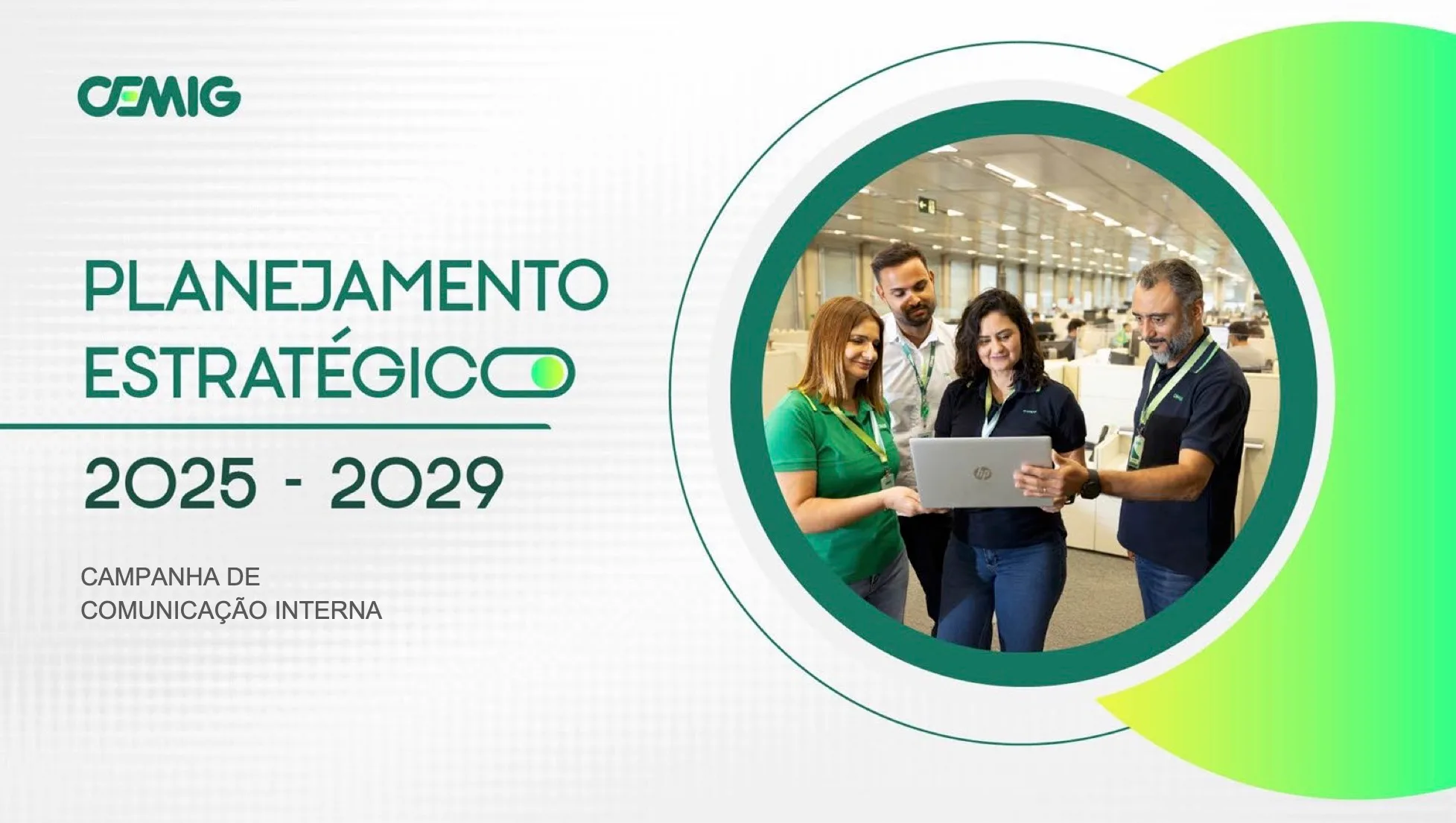 Imagem mostra a capa de apresentação de campanha de comunicação interna para a CEMIG sobre Planejamento Estratégico 2025-2029.