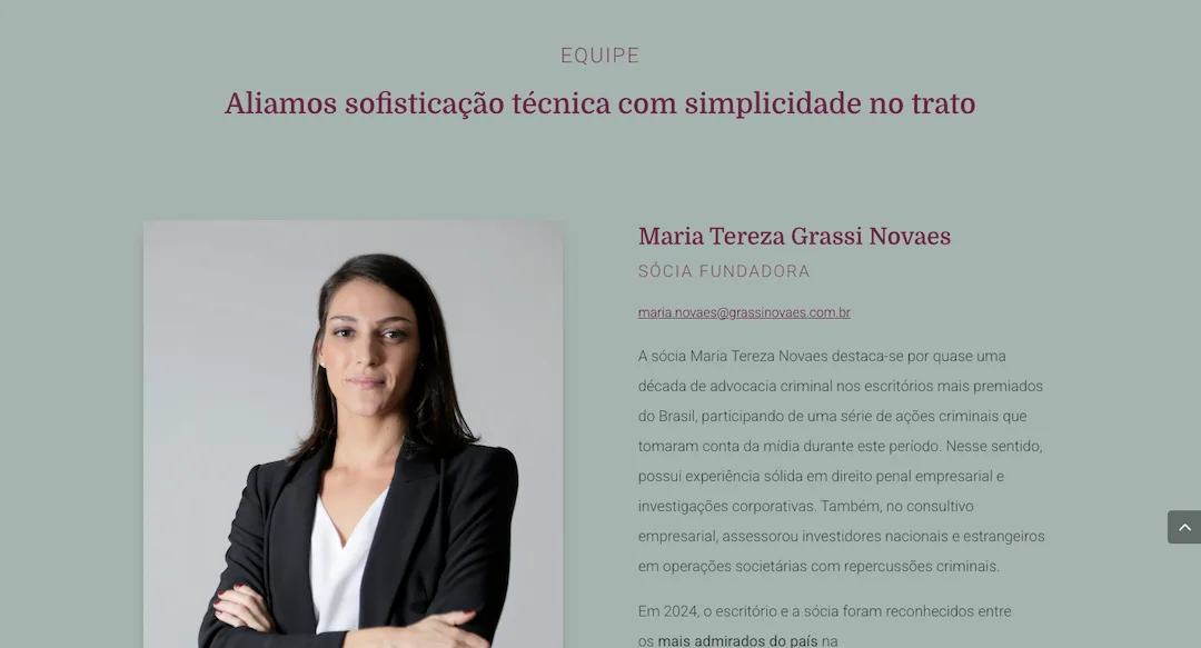 Imagem mostra a seção "Equipe" do site do escritório Grassi Novaes Advogados.
