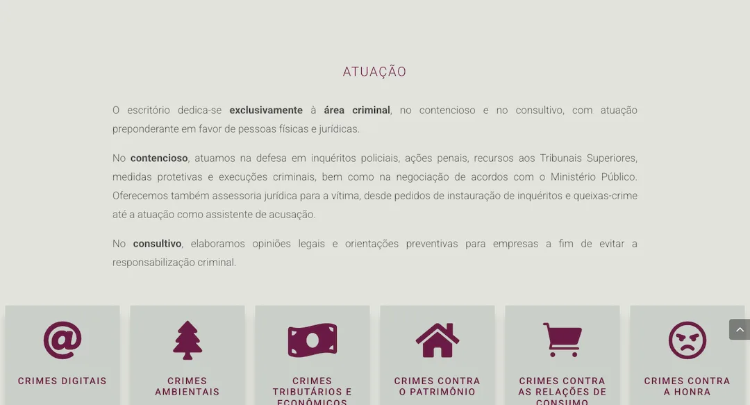 Imagem mostra a seção "Atuação" do site do escritório Grassi Novaes Advogados.