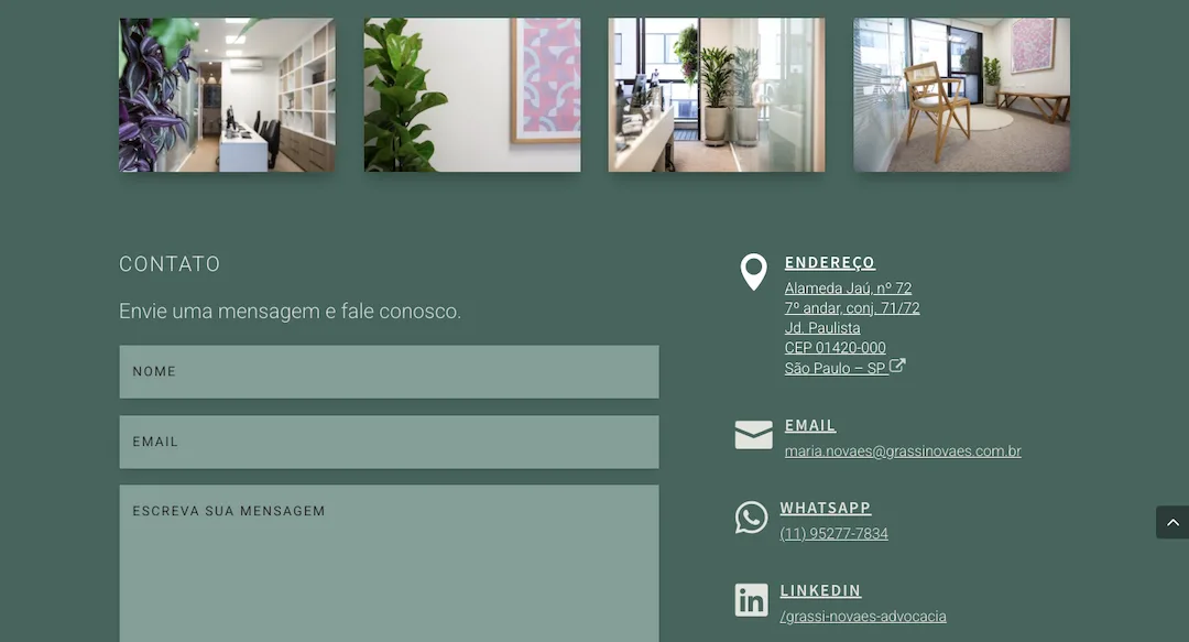 Imagem mostra a seção "Contato" do site do escritório Grassi Novaes Advogados.