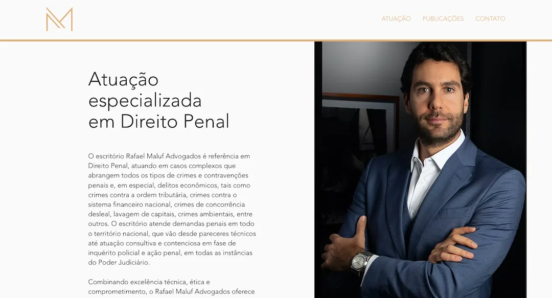 Imagem mostra a seção "Atuação especializada em Direito Penal" do site do escritório Rafael Maluf Advogados.