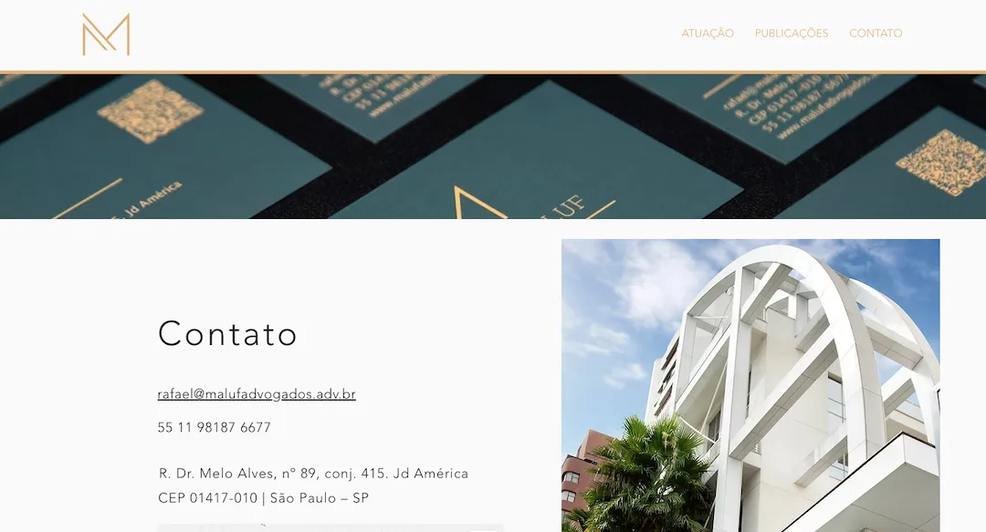 Imagem mostra a seção "Contato" do site do escritório Rafael Maluf Advogados.